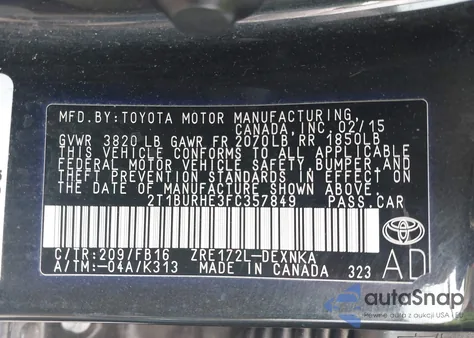 2015 Toyota Corolla L z USA, uszkodzony, nr VIN 2T1BURHE3FC357849